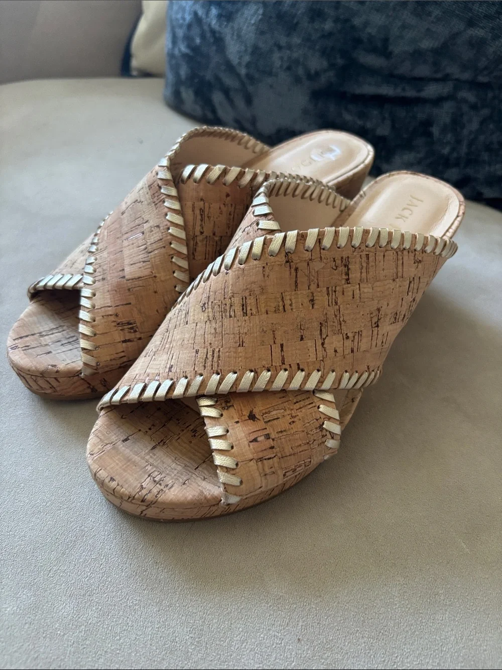 Jack Rogers Mid Wedge Cross Strap Sandals Cork Slide Tan Gold Whip Stitch 9.5